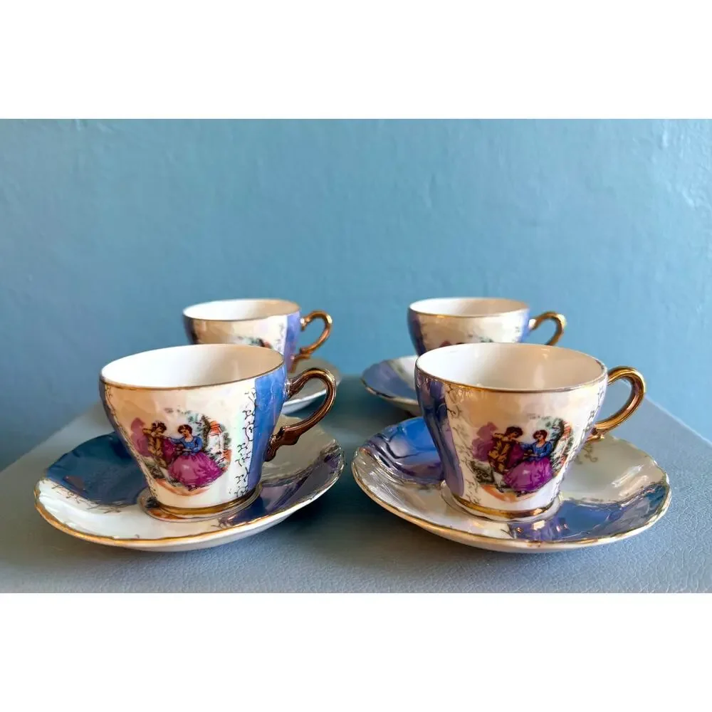Set 4 Vintage Japan Lusterware Fragonard Demitasse Cups Saucers Purple Gold